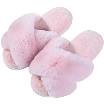 Женские пушистые тапочки Домашние тапочки с эффектом памяти с перекрестной резинкой и открытым носком