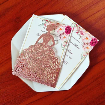 50X Розовое золото, золотые приглашения на бал с цветочным персонализированным принтом, свадебные открытки на заказ с конвертом
