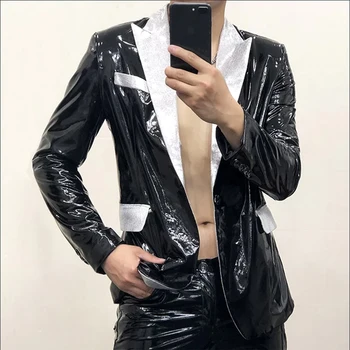 Мужской костюм премиум-класса из черной зеркально-глянцевой кожи с серебряным воротником в стиле пэчворк, контрастный мужской блейзер из глянцевой кожи большого размера