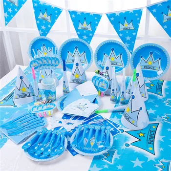 Blue Prince Crown Boy Детские принадлежности для празднования дня рождения Мальчика Украшения Одноразовая посуда Бумажные тарелки Соломинки для чашек Декор для душа мальчика