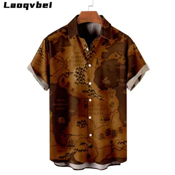 Модная свободная рубашка с карманом и короткими рукавами в винтажном стиле с географическим принтом, мужская гавайская рубашка, летняя пляжная рубашка Оверсайз