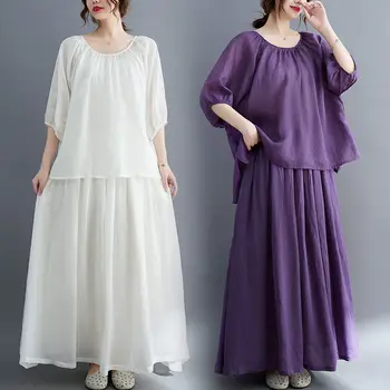 Женская одежда Оверсайз 2022, летняя новинка, свободная хлопчатобумажная и льняная рубашка в стиле ретро, юбка, модный костюм-двойка, повседневная одежда h1152