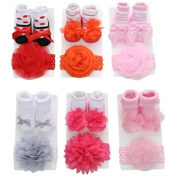 Новорожденные Однотонные кружевные детские носки + повязка на голову, 2 шт. Милые детские носки принцессы с бантом + Набор резинок для волос