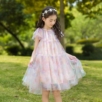 Летнее платье для девочек Sweet Kids с круглым вырезом и летящими рукавами, праздничное платье из тюля с цветочным принтом, наряд для свадебной вечеринки, детские платья.