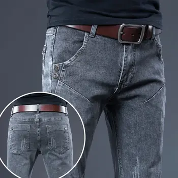 Тонкие стрейчевые джинсы мужские slim feet Корейские повседневные серые брюки в стиле ретро мужской тренд
