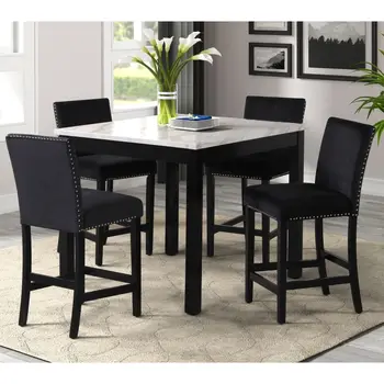 Обеденный стол высотой со столешницу из 5 предметов с одним обеденным столом из искусственного мрамора и четырьмя стульями с мягкой обивкой