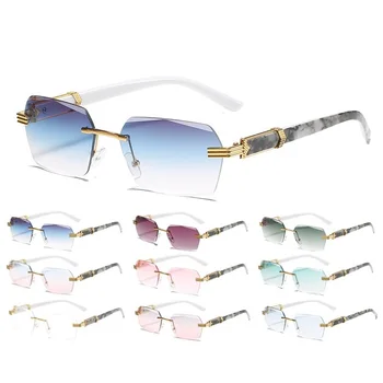 Модный бренд, дизайнерские солнцезащитные очки в стиле ретро, прямоугольные, без оправы, с защитой от ультрафиолета, металлические солнцезащитные очки с мраморным покрытием для мужчин и женщин