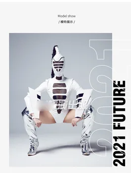 Женское боди gogo Future stage show, белый кожаный костюм gogo с инопланетной технологией, полый головной убор, сексуальные костюмы ds, костюм