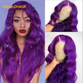 парик с кружевом спереди 13x6 HD, окрашенный в фиолетовый цвет, парики с объемной волной, 13x4 Прозрачные парики из человеческих волос с закрытием спереди или 4x4 для женщин