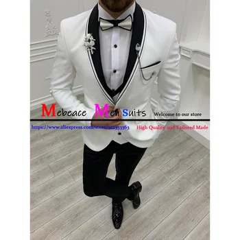 Сшитые на заказ Классические свадебные костюмы жениха 2021 года, мужские Белые приталенные вечерние вечерние блейзеры из 3 предметов (куртка + брюки + жилет)