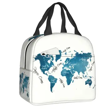 Изготовленная на заказ Синяя сумка для ланча с картой мира, женские термоохладители, изолированные ланч-боксы для офиса для взрослых