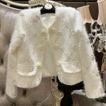 Женское модное пальто из мохера с круглым вырезом, шерстяное утолщение, расшитое бисером и пайетками, SML