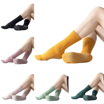 Женские осенние нескользящие носки для йоги с нескользящими силиконовыми ручками, хлопковые однотонные чулки в рубчик для занятий пилатесом