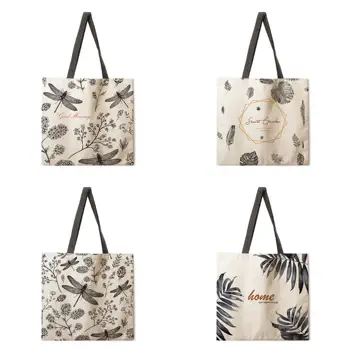 Женская сумка через плечо, сумка для покупок с принтом в виде листьев лотоса, холщовая сумка, складная сумка для покупок, уличная пляжная сумка