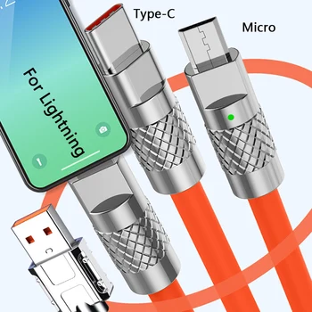 Кабель для Быстрой Зарядки 3 В 1 6A 120 Вт Металлический Жидкий Силикон Type-C Micro-USB Кабель Для Передачи Данных 1,2 М 1,8 М Линия Для iPhone Android