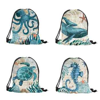 Синий женский рюкзак с морскими животными Морской конек Черепаха Осьминог 3D Печать дорожных сумок Mochila Мужская спортивная сумка на шнурке