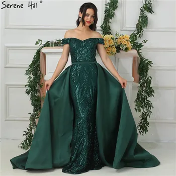 Зеленые Роскошные вечерние платья с открытыми плечами и блестками, вырез лодочкой, Сексуальные вечерние платья со шлейфом 2023 Serene Hill LA6659
