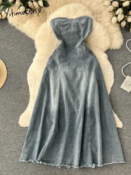 Модное винтажное джинсовое платье для женщин 2023, модные сексуальные платья с открытыми плечами, без бретелек, без рукавов, Повседневное платье Миди трапециевидной формы.