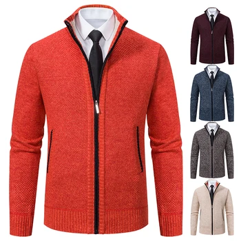 Мужское осенне-зимнее пальто, классический однотонный флисовый теплый кардиган, повседневный вязаный свитер на молнии с воротником-стойкой