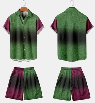 Гавайская мужская Свободная повседневная одежда, Летние Зеленые рубашки в стиле пэчворк с принтом, рубашки на пуговицах с коротким рукавом и шорты, комплект из блузки и топа