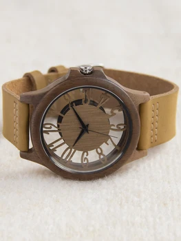 кварцевые часы с циферблатом в стиле унисекс, деревянный корпус, кожаный ремешок, большой циферблат