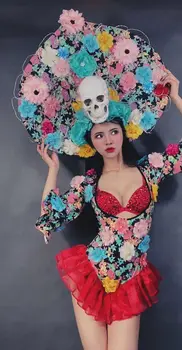 Выставка цветов Головной убор с черепом на Хэллоуин, ночной клуб, бар, костюмы gogo, ди-джей, певица, одежда для девочек paty