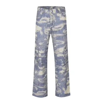 Hi Street Камуфляжные винтажные джинсовые брюки Карго с принтом Уличная одежда Прямые джинсовые брюки свободного кроя для мужчин