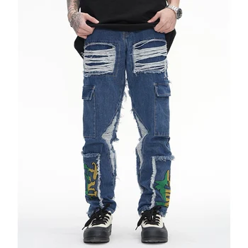 Прямые расклешенные брюки с вышивкой Harajuke, уличная одежда в стиле пэчворк, Рваные потертые мешковатые джинсы, джинсовые брюки оверсайз