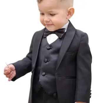 Костюм для мальчика из 3 предметов, черный атласный приталенный блейзер, жилет со штанами, Детская официальная одежда, элегантное вечернее платье для свадьбы