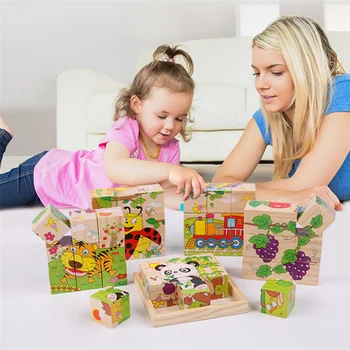 Детские игрушки с деревянными блоками, головоломки, Животные, фрукты, Движение, Познавательные Развивающие игрушки для раннего обучения, Детская игра в 3D-куб с шестью сторонами