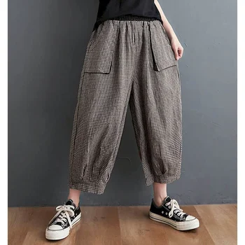 Хлопковые льняные брюки-фонарики, женские летние брюки с эластичной талией, Свободные повседневные Женские брюки Harajuku в корейском стиле, Женская одежда