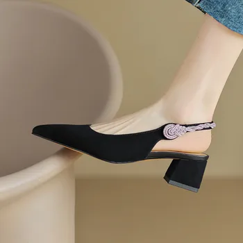 Черные замшевые женские туфли-лодочки с откидывающейся спинкой, Шикарный дизайн, Рабочие туфли на высоком каблуке с острым носком Абрикосового цвета, хрустальные сандалии с ремешком сзади