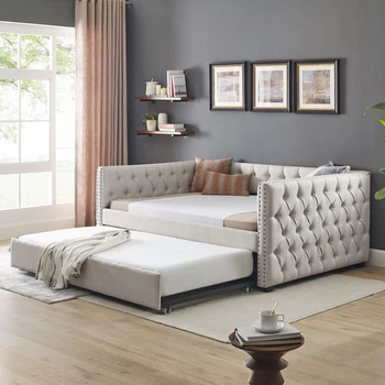 Диван-кровать, квадратный подлокотник с кнопками и медными гвоздями, современный простой небольшой бытовой экономичный диван-кровать
