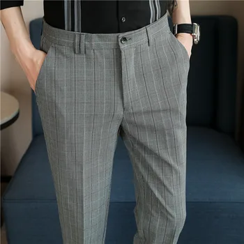 Высококачественные мужские брюки в клетку 2023, новые деловые повседневные брюки зауженной формы с клетчатым рисунком для утонченного стиля