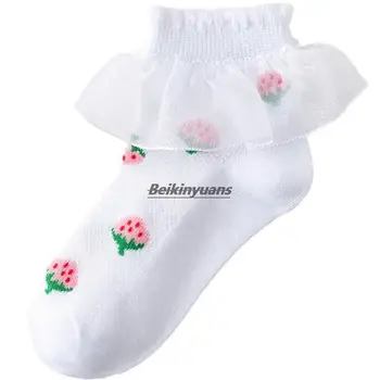 Летние тонкие кружевные носки для девочек, сетчатые кружевные носки принцессы, детские носки с клубникой для девочек, летние детские носки из хлопка