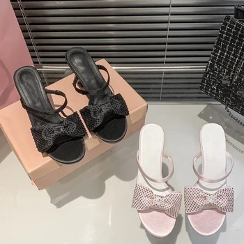 2023 Новые женские босоножки на высоком каблуке с бантом rhinester розовая женская обувь летние туфли на высоком каблуке