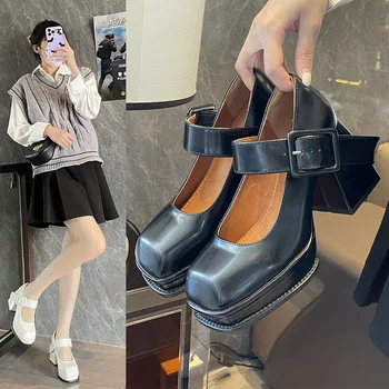 Массивные лоферы Женские туфли Мэри Джейнс на толстой подошве с пряжкой на щиколотке в британском стиле; повседневные туфли-лодочки на платформе для колледжа; Модная обувь для девочек;