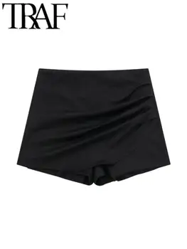 TRAF/ Весенне-летние модные женские шорты-юбки с рюшами, застежкой-молнией сзади, шорты с высокой талией, Женские короткие брюки Y2K, Черный