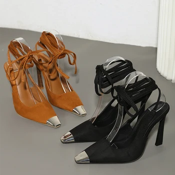 Женские босоножки на высоком каблуке, дизайнерская женская обувь-гладиатор с перекрестной шнуровкой 2023, вечерние свадебные женские туфли-лодочки