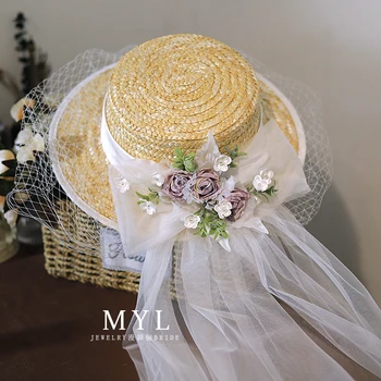 Женские фетровые шляпы из цветочной соломы в стиле французского леса, весенне-летняя свадебная шляпа-чародейка, плоская фетровая шляпа с длинной белой сеткой
