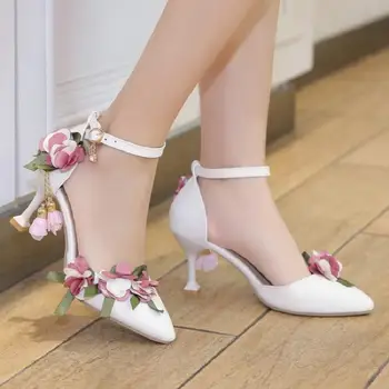 весенне-летние женские сказочные туфли, сандалии, цветы, жемчуг, милая принцесса, туфли на высоком каблуке, туфли в стиле Лолиты высотой 7,5 см, большие размеры 32-46