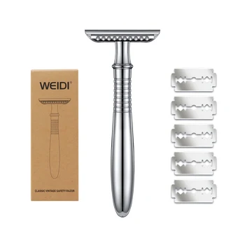 WEIDI, винтажная безопасная бритва с двойной кромкой и длинной ручкой из 3 предметов для влажного бритья для мужчин и женщин с 5 платиновыми лезвиями