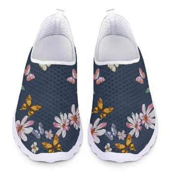 Женская сетчатая обувь без застежки, дышащие спортивные кроссовки с принтом цветов растений, милая обувь для прогулок для девочек