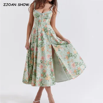 2023 Сексуальное платье-слинг с эластичным ремешком в корсетном стиле с зеленым цветочным принтом, V-образный вырез, тонкая талия, подол с разрезом на А-образной подкладке, длинный халат Миди, длинный халат