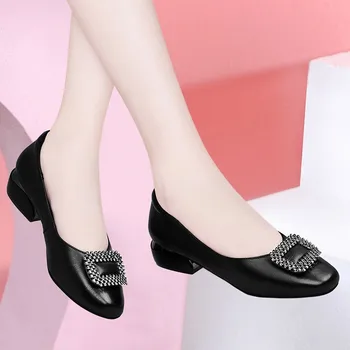 Черные женские туфли на каблуках 2023, Весенняя мода, повседневная женская обувь из мягкой кожи на низком каблуке, Женская рабочая обувь с пряжкой, женские туфли-лодочки