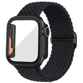 Чехол + Ремешок для Apple Watch Band 45 мм 44 мм 41 мм 40 мм Плетеный Эластичный Браслет Solo Loop iWatch 8 7 6 5 4 SE С Защитой Экрана
