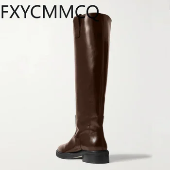 FXYCMMCQ/ 2023 Зимние Новые кожаные длинные женские ботинки для отдыха на плоской подошве с круглым носком, размер 32-46 23-26