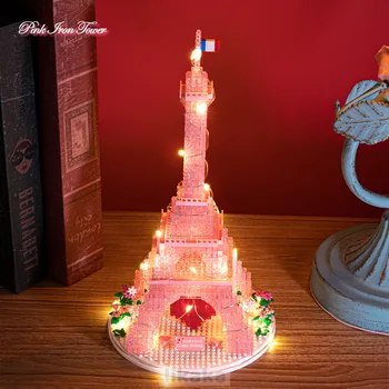 Розовый Париж, Эйфелева башня, строительные блоки, свет, всемирно известная архитектурная модель, Алмазные блоки, игрушки для девочек, подарок на день рождения