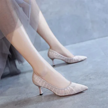 женские туфли-лодочки, сетчатые слипоны на тонком каблуке 2 см 6 см, женские туфли на высоком каблуке с острым носком, женская обувь 2023, размер 35-42
