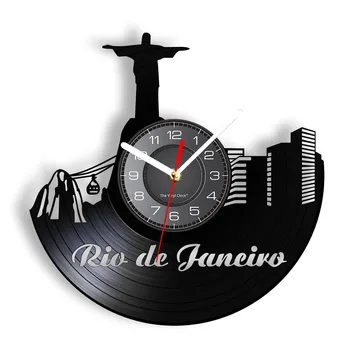 Городской пейзаж Рио-де-Жанейро Старинные настенные часы Бразилия Статуи Иисуса Корковадо Канатная дорога Светящееся виниловое искусство-Настенные часы Подарок путешественнику